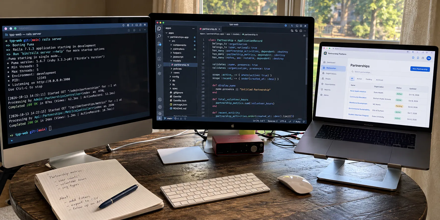 Developer workspace showing a custom partnership platform web application